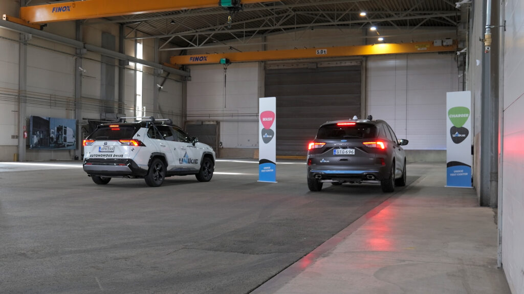 Unikie's test vehicles driving in the Unikie Test Center in Kaarina.