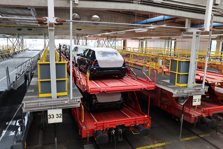 Audi cars loaded onto train wagons in Ingolstadt